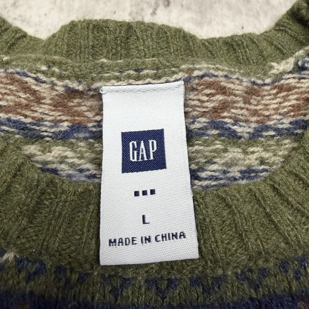 GAP Men's L Wool Blend Fair Isle Nordic Knit Sweater Olive Green Crewneck